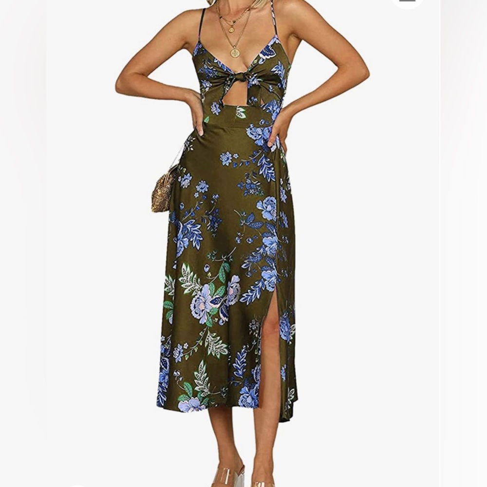 Army Green Women Spaghetti Strap Midi Satin Dresses